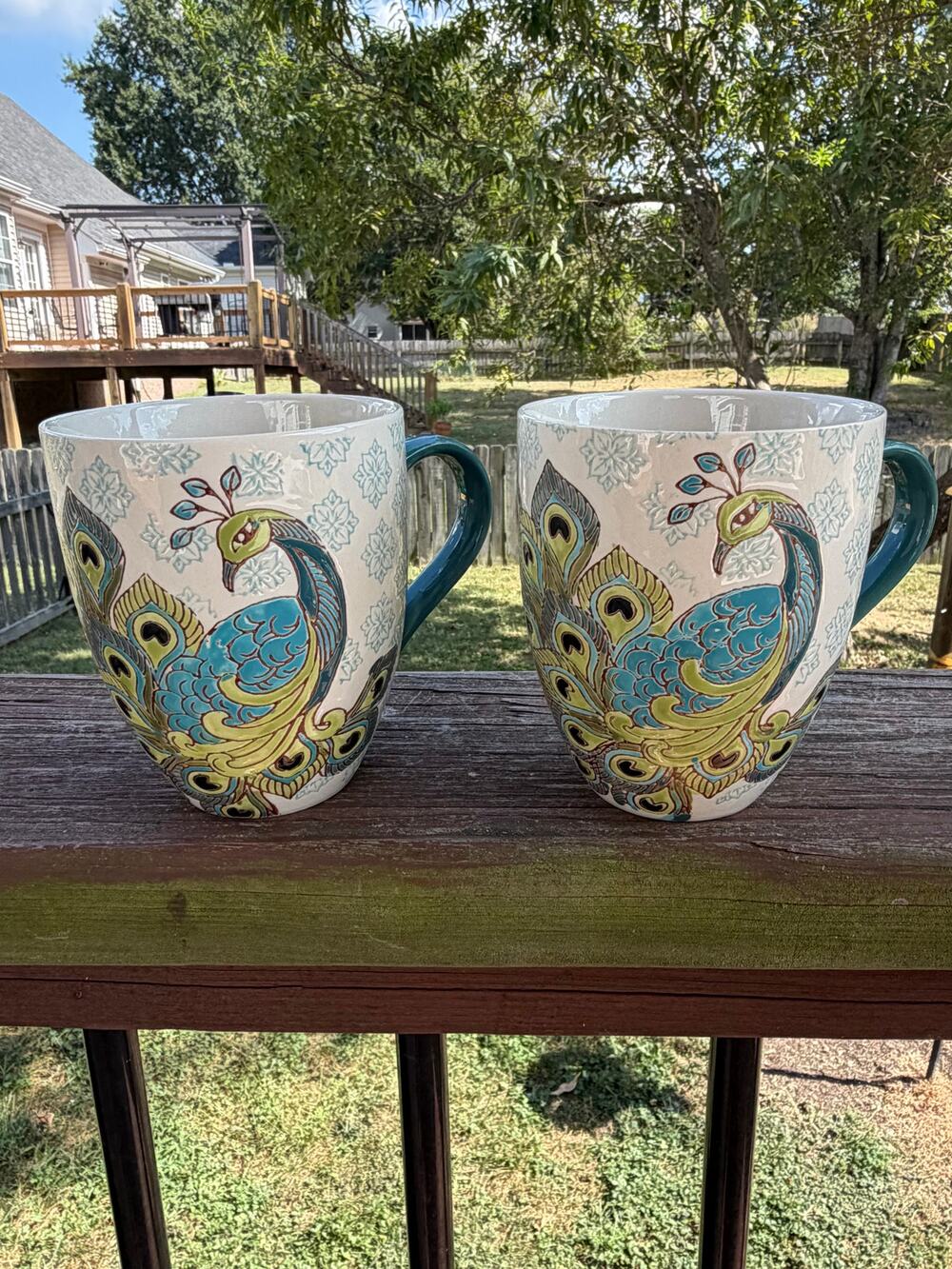2 Dutch Wax Coastline Imports Peacock Mugs Set Handpainted Ceramic Coffee Cups